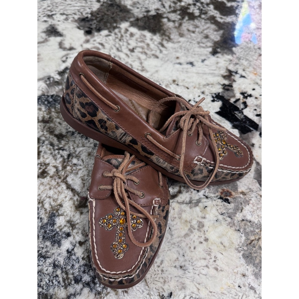 Gypsy Soule x Ariat Women Leopard Rhinestone Cross Boat Shoes Brown Leather
